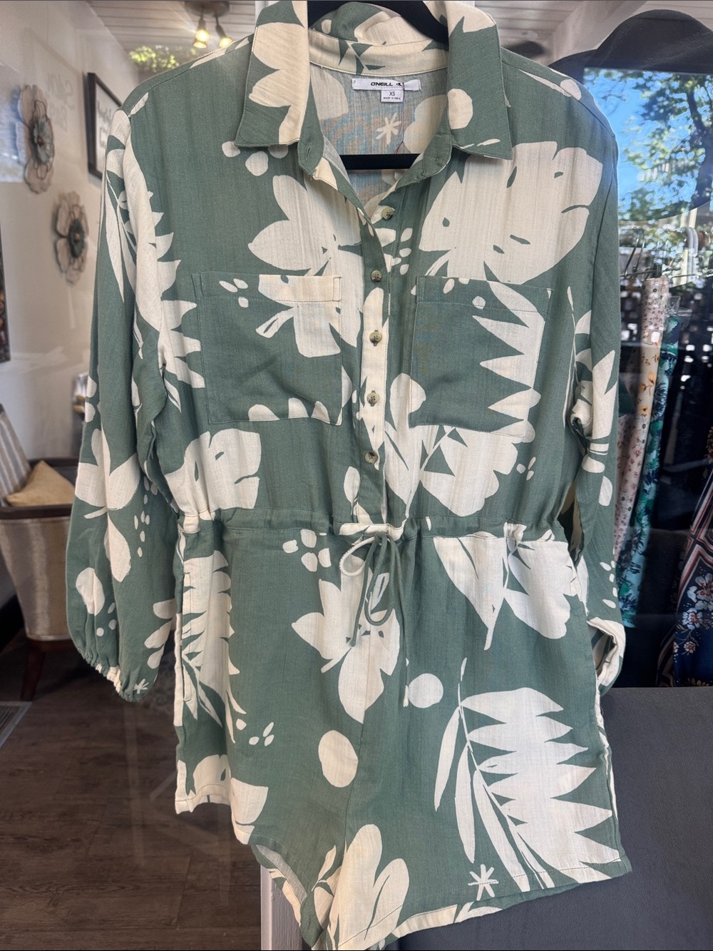 O'Neill Sage Green and White Floral Tie-Waist Romper